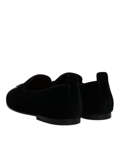 Mocasines de terciopelo negro con corona de cristal y zapatos de vestir formales