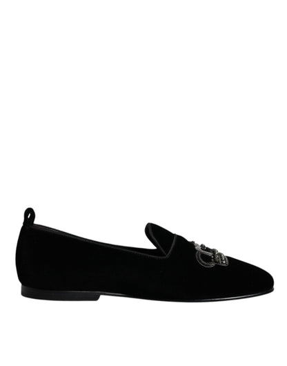 Mocasines de terciopelo negro con corona de cristal y zapatos de vestir formales