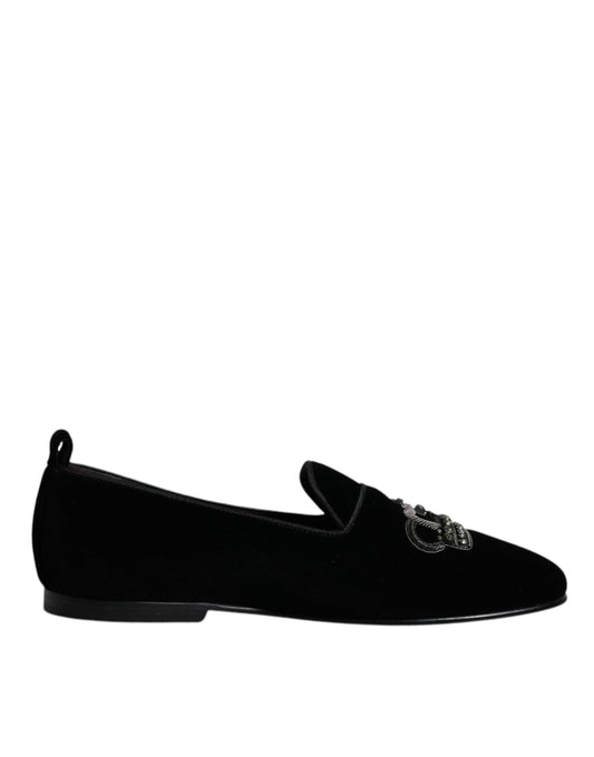 Mocasines de terciopelo negro con corona de cristal y zapatos de vestir formales
