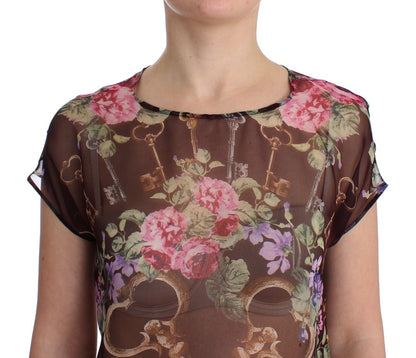 Elegante blusa de seda floral con mangas cortas