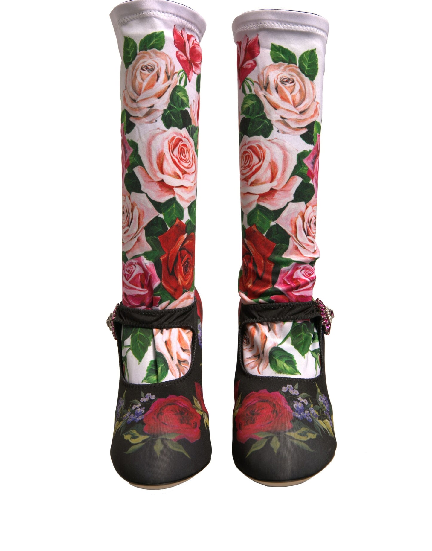 Calcetines negros con flores y botas de cristal, zapatos de jersey