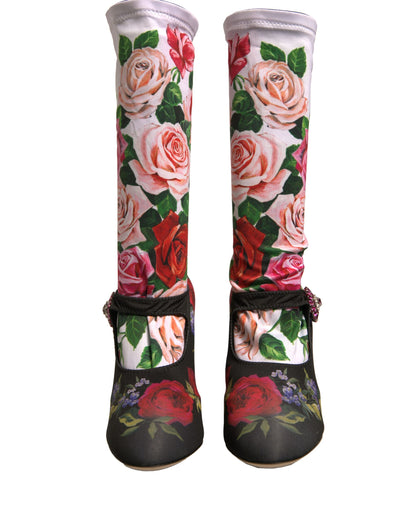 Calcetines negros con flores y botas de cristal, zapatos de jersey