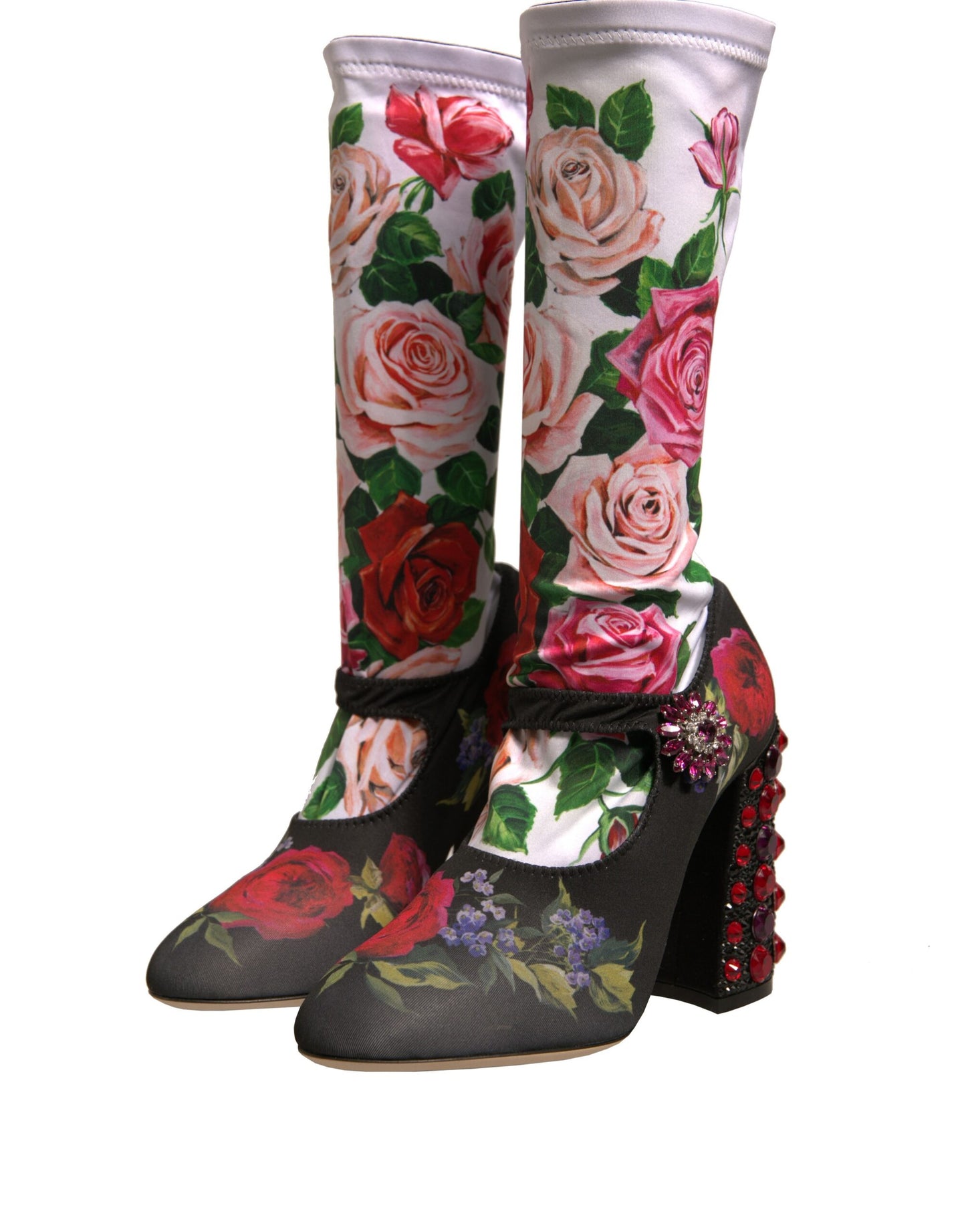 Calcetines negros con flores y botas de cristal, zapatos de jersey