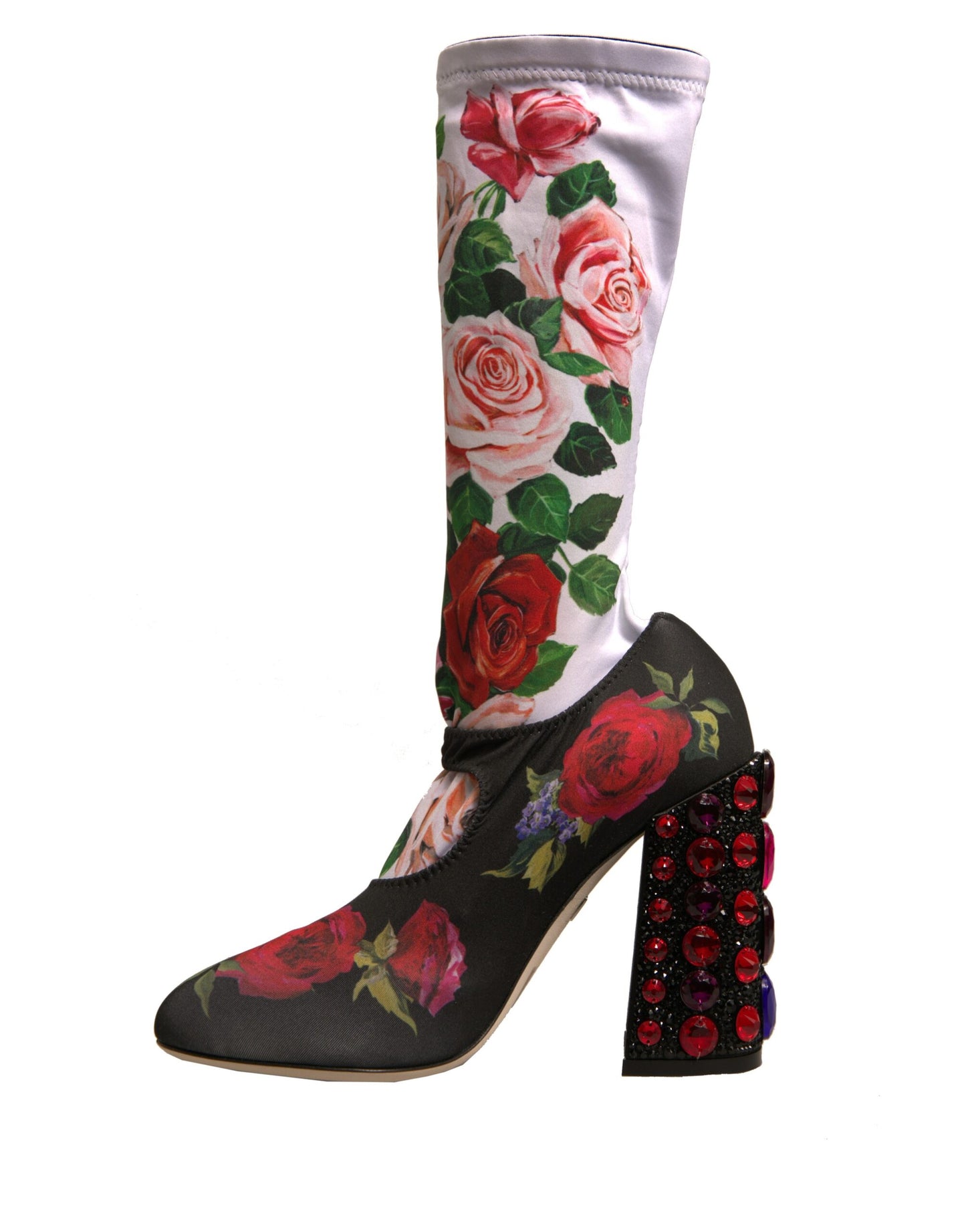 Calcetines negros con flores y botas de cristal, zapatos de jersey