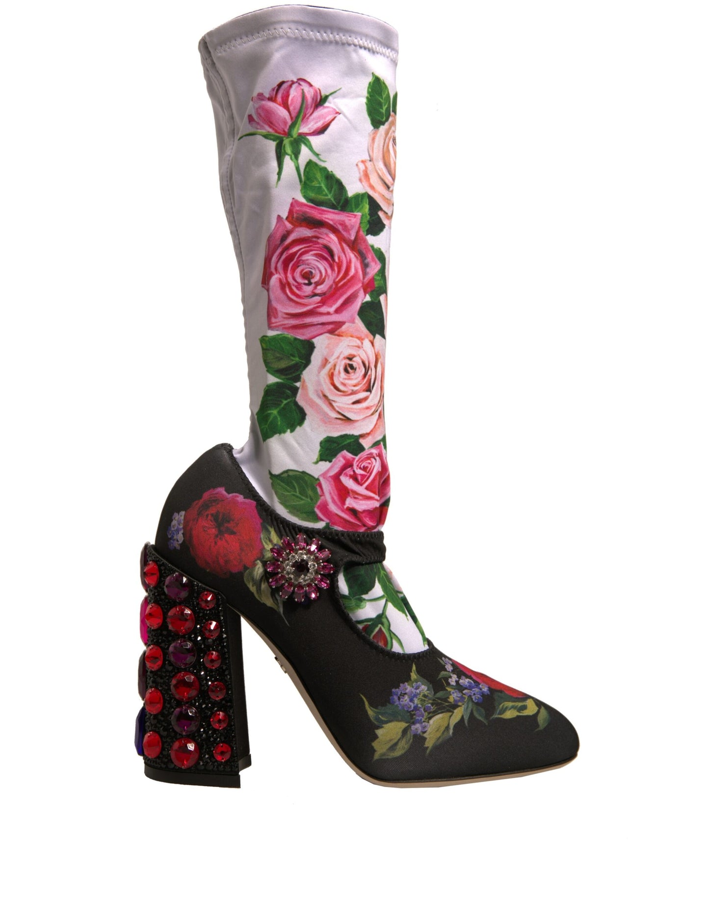 Calcetines negros con flores y botas de cristal, zapatos de jersey