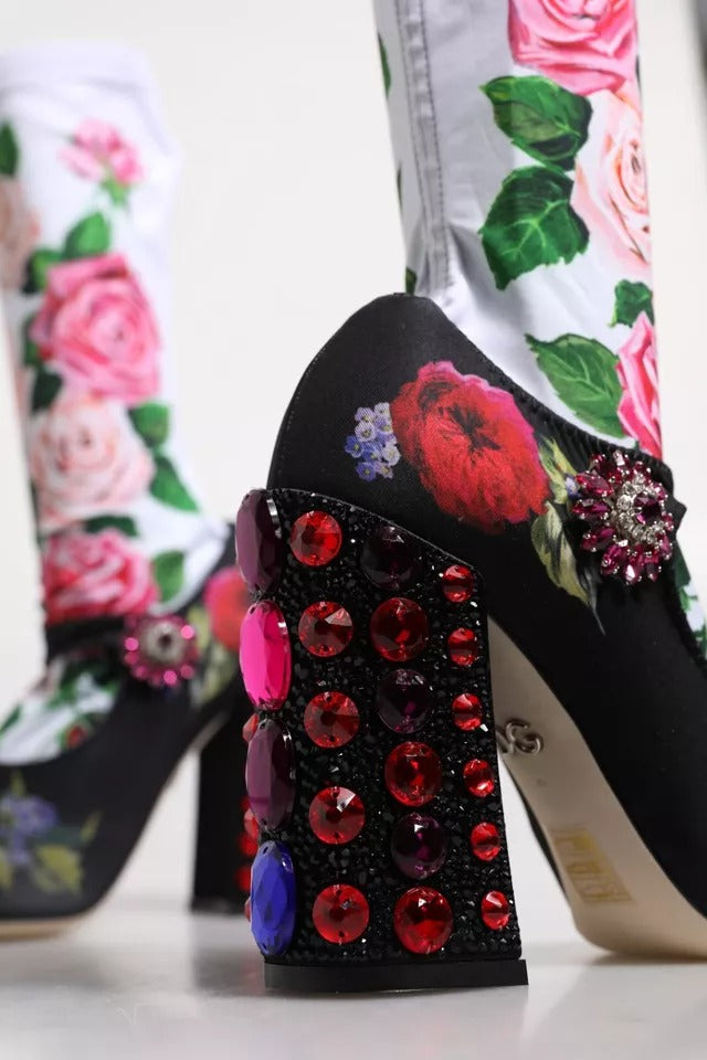 Calcetines negros con flores y botas de cristal, zapatos de jersey