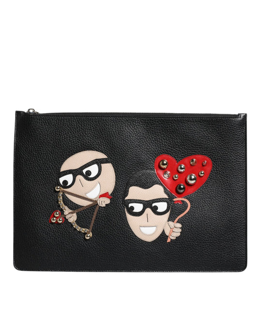 Bolso de mano con cremallera de cuero negro #DGFAMILY para hombre