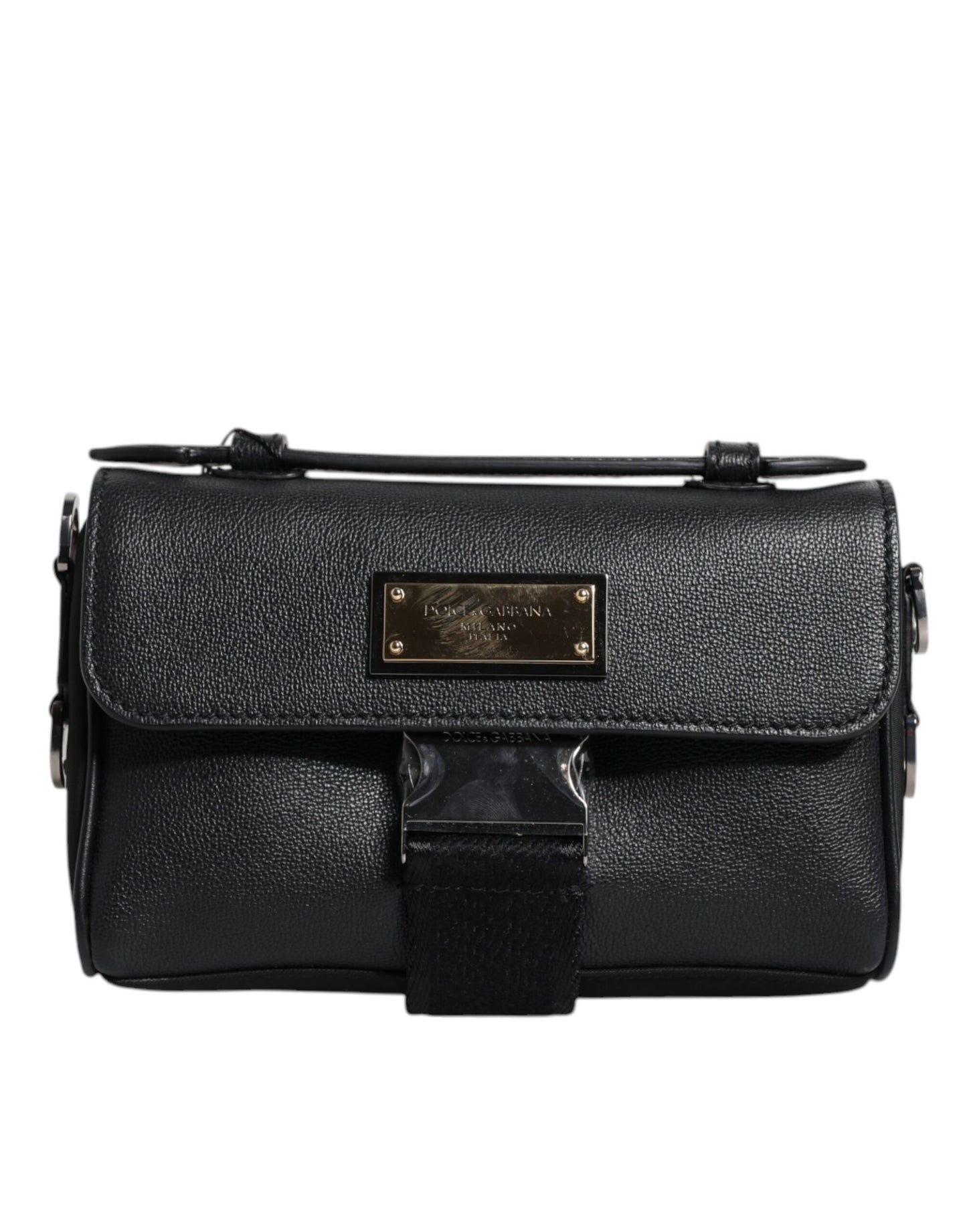 Bolso bandolera de cuero con hebilla y placa con logotipo negro