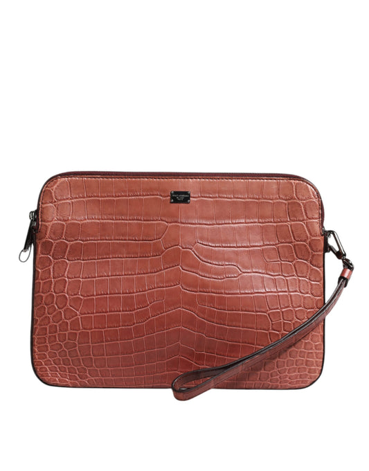 Bolso maletín para hombre de piel de cocodrilo burdeos con placa del logotipo