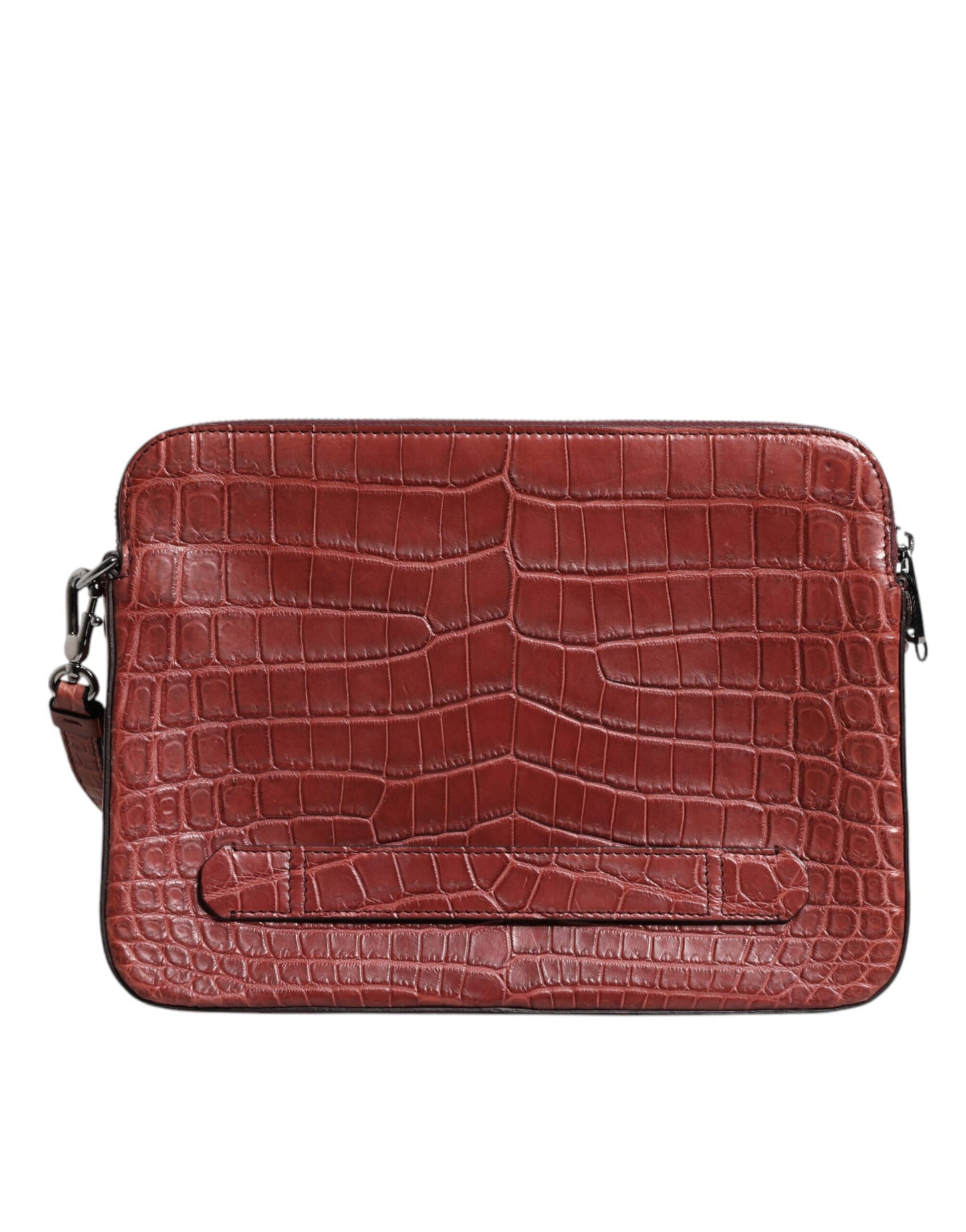 Bolso maletín para hombre de piel de cocodrilo burdeos con placa del logotipo
