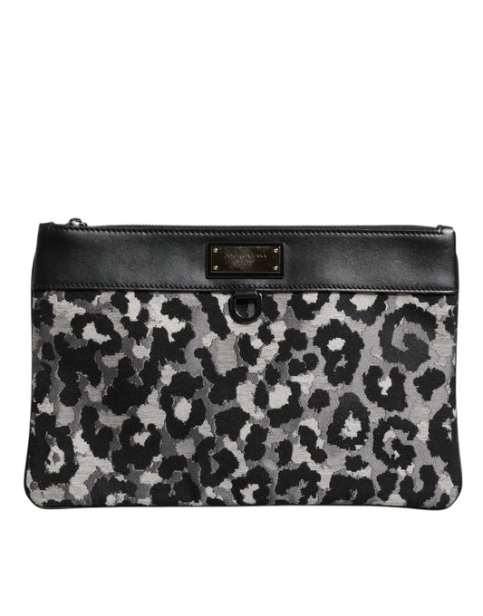 Bolso tipo sobre para hombre con placa de logotipo en jacquard de leopardo multicolor