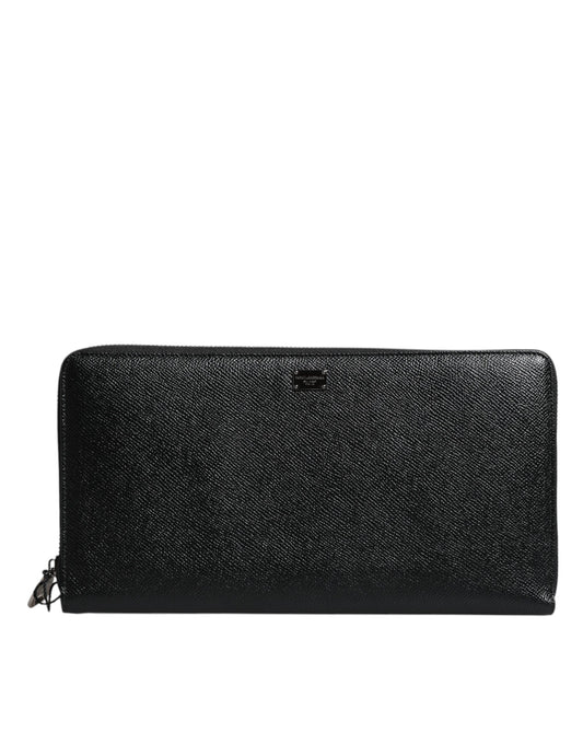Cartera continental de piel de becerro negra con cremallera y logotipo