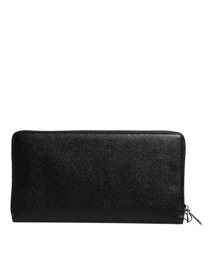Cartera continental de piel de becerro negra con cremallera y logotipo
