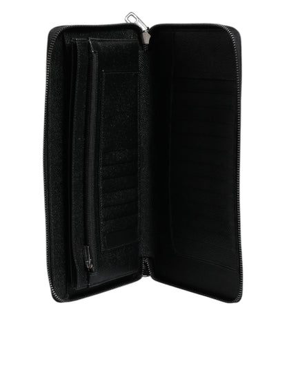Cartera continental de piel de becerro negra con cremallera y logotipo
