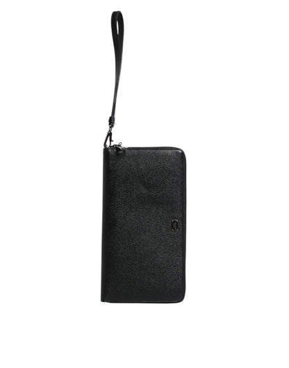 Cartera continental de piel de becerro negra con cremallera y logotipo