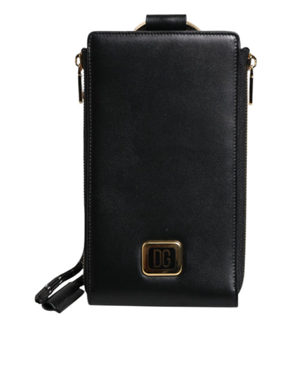 Cartera para tarjetas y monedas con correa para el cuello y placa con logotipo de cuero negro
