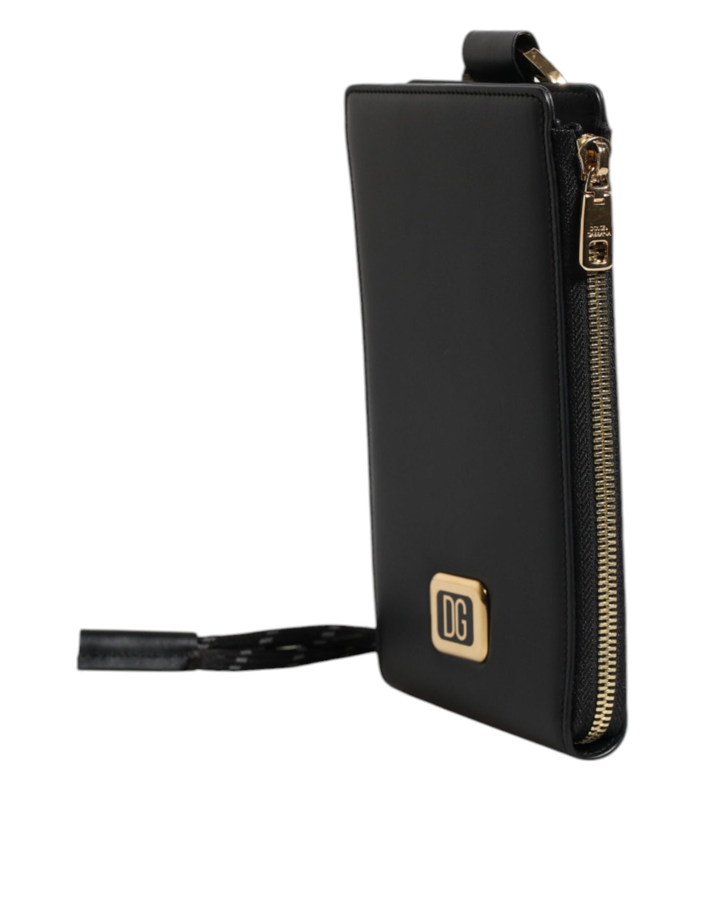 Cartera para tarjetas y monedas con correa para el cuello y placa con logotipo de cuero negro