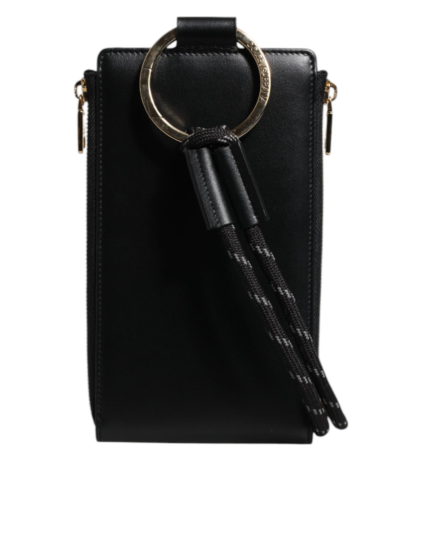 Cartera para tarjetas y monedas con correa para el cuello y placa con logotipo de cuero negro