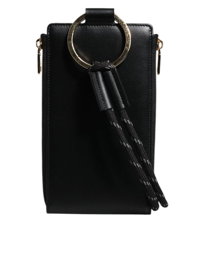Cartera para tarjetas y monedas con correa para el cuello y placa con logotipo de cuero negro