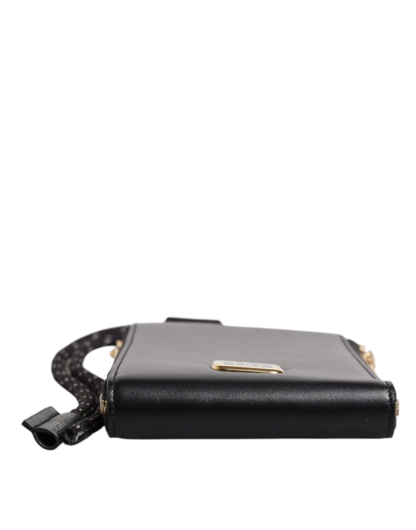 Cartera para tarjetas y monedas con correa para el cuello y placa con logotipo de cuero negro