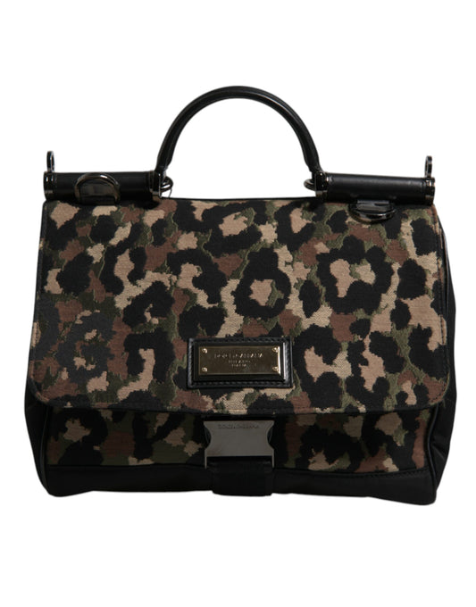 Bolso tote Sicily de nailon lacado con estampado de leopardo marrón