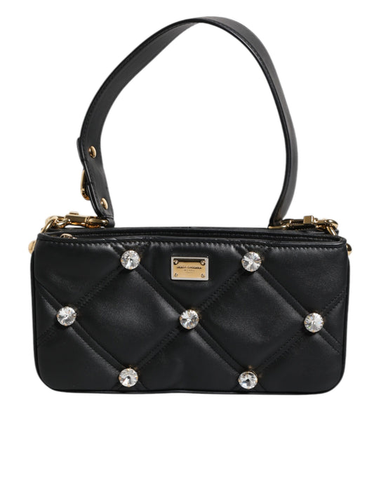 Bolso de hombro de cuero negro con logotipo adornado con cristales