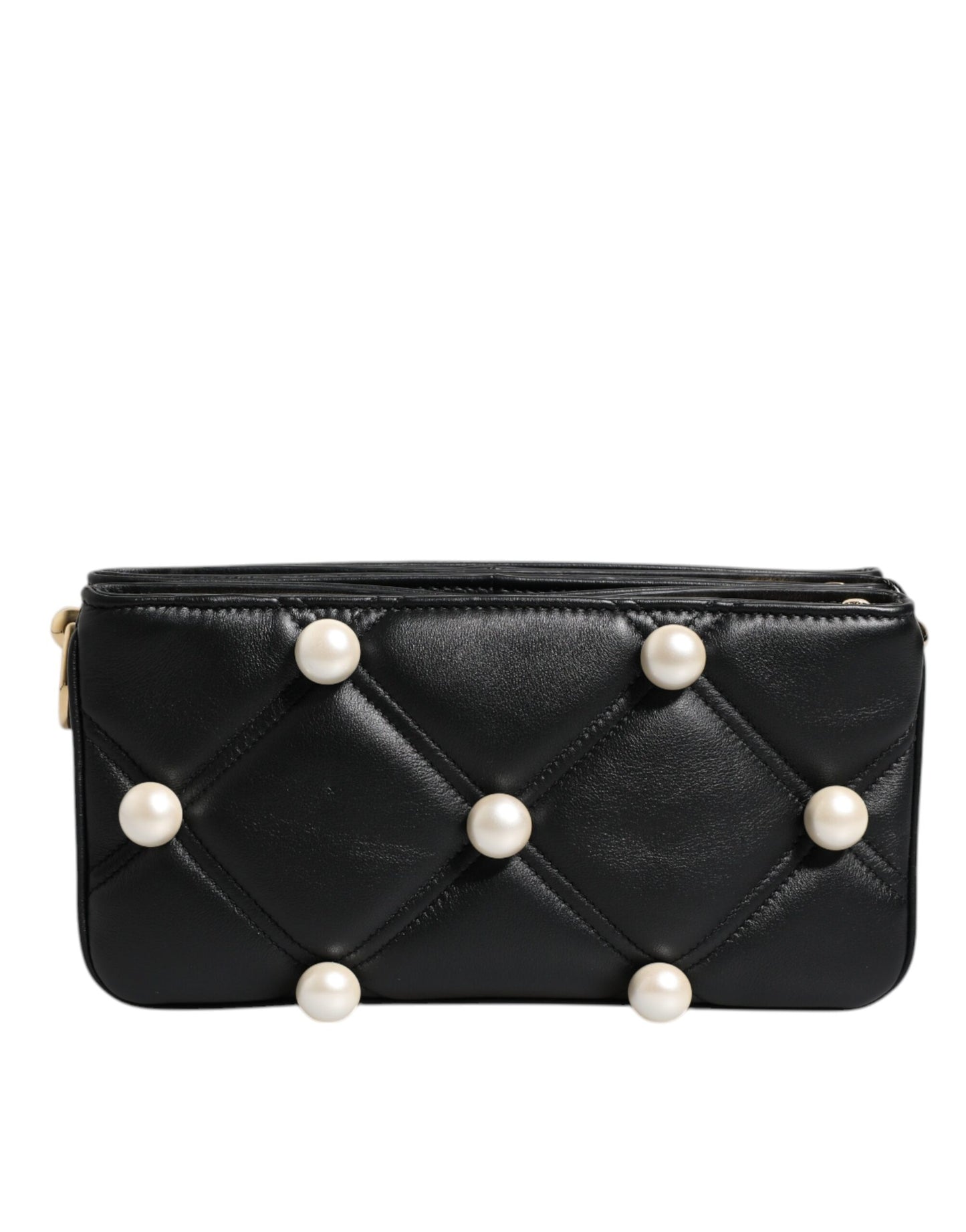 Bolso de hombro de cuero negro con logotipo adornado con perlas