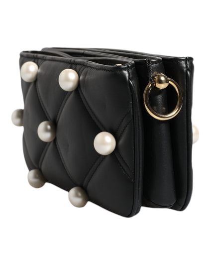Bolso de hombro de cuero negro con logotipo adornado con perlas