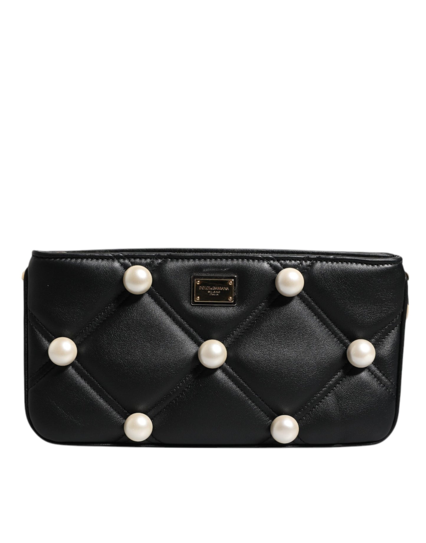 Bolso de hombro de cuero negro con logotipo adornado con perlas