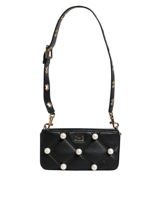 Bolso de hombro de cuero negro con logotipo adornado con perlas