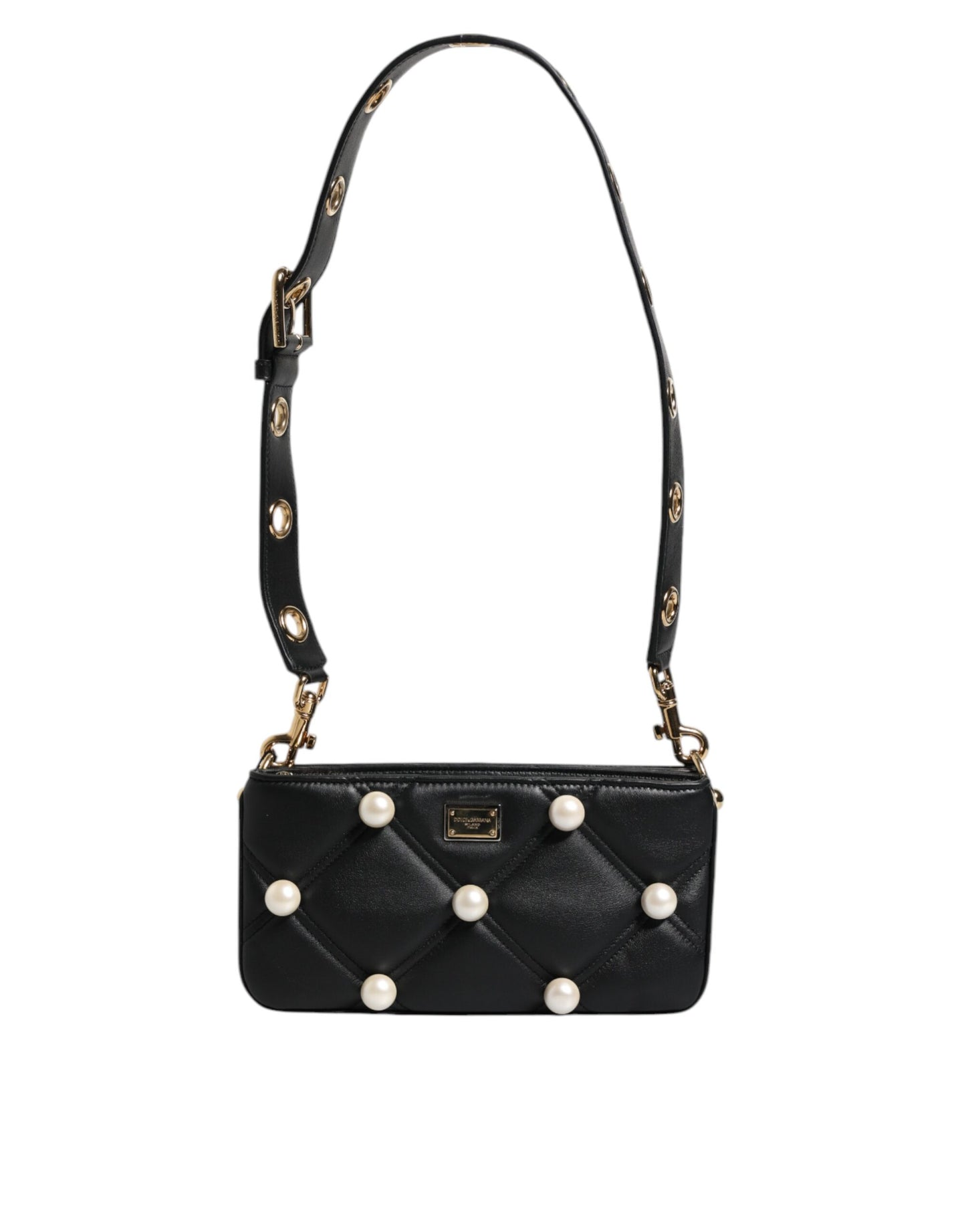 Bolso de hombro de cuero negro con logotipo adornado con perlas