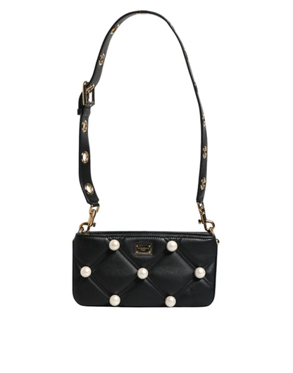 Bolso de hombro de cuero negro con logotipo adornado con perlas