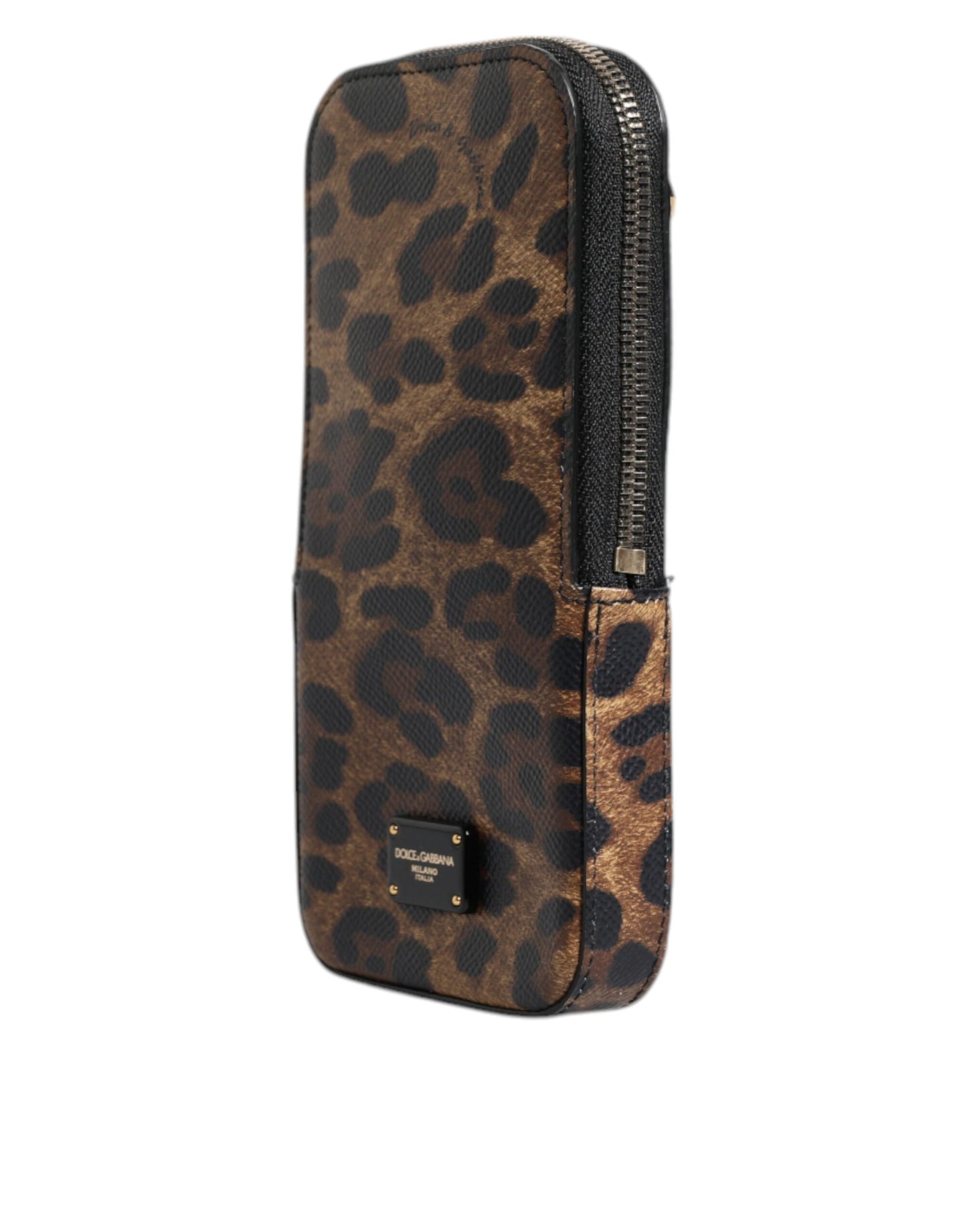 Cartera Dauphine de piel con estampado de leopardo marrón y cremallera alrededor