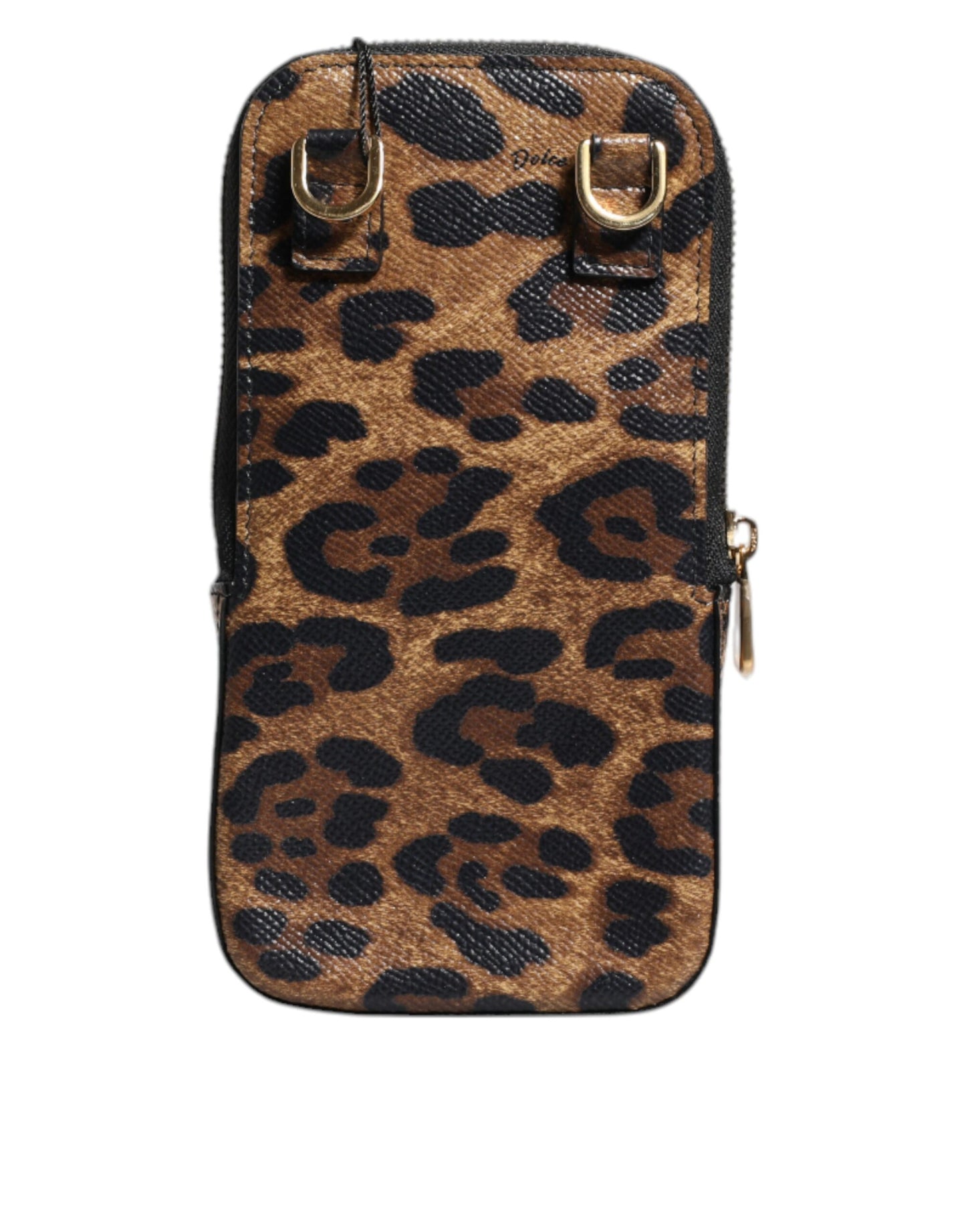Cartera Dauphine de piel con estampado de leopardo marrón y cremallera alrededor