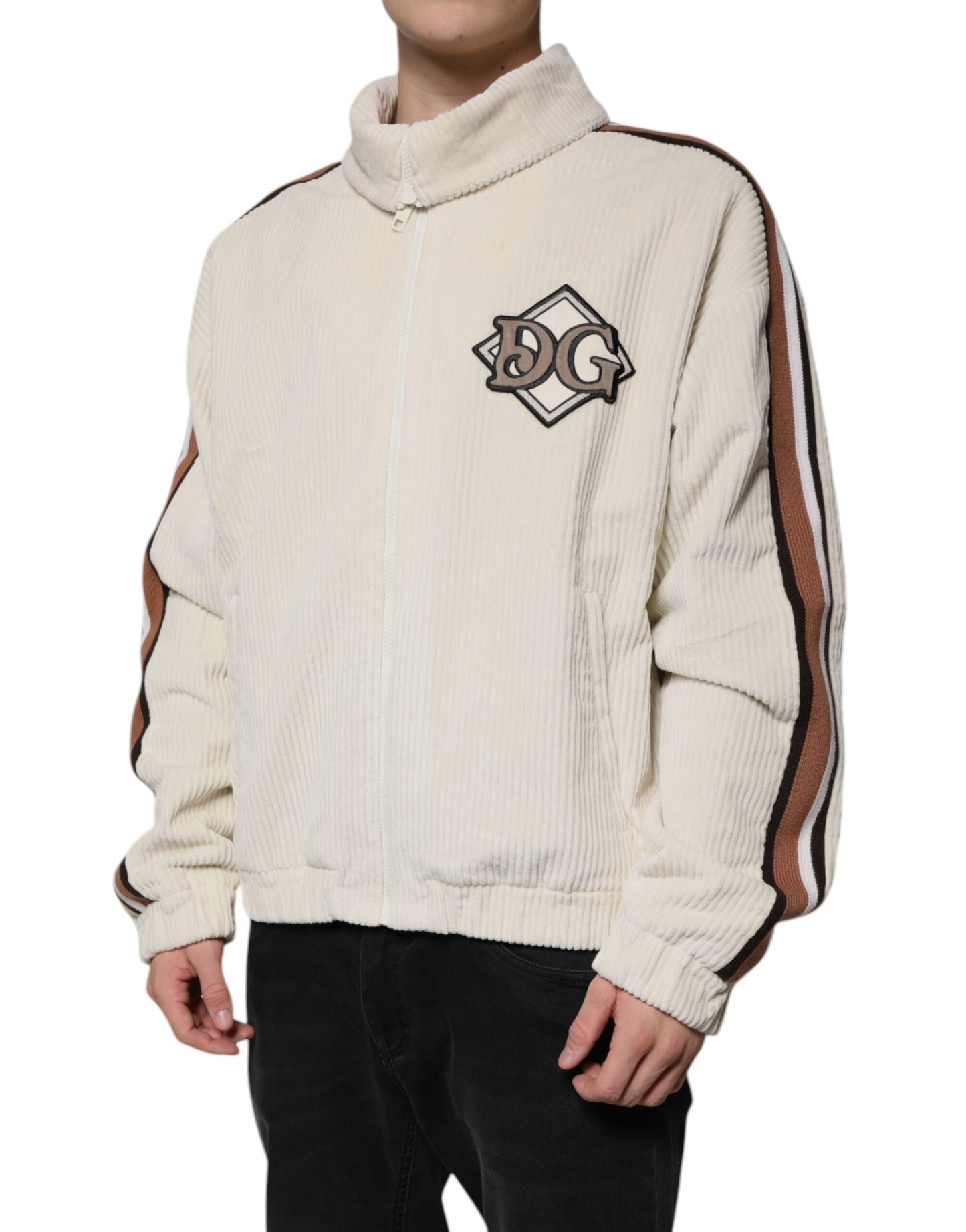 Chaqueta de pana de algodón con cremallera completa y aplique de logotipo beige