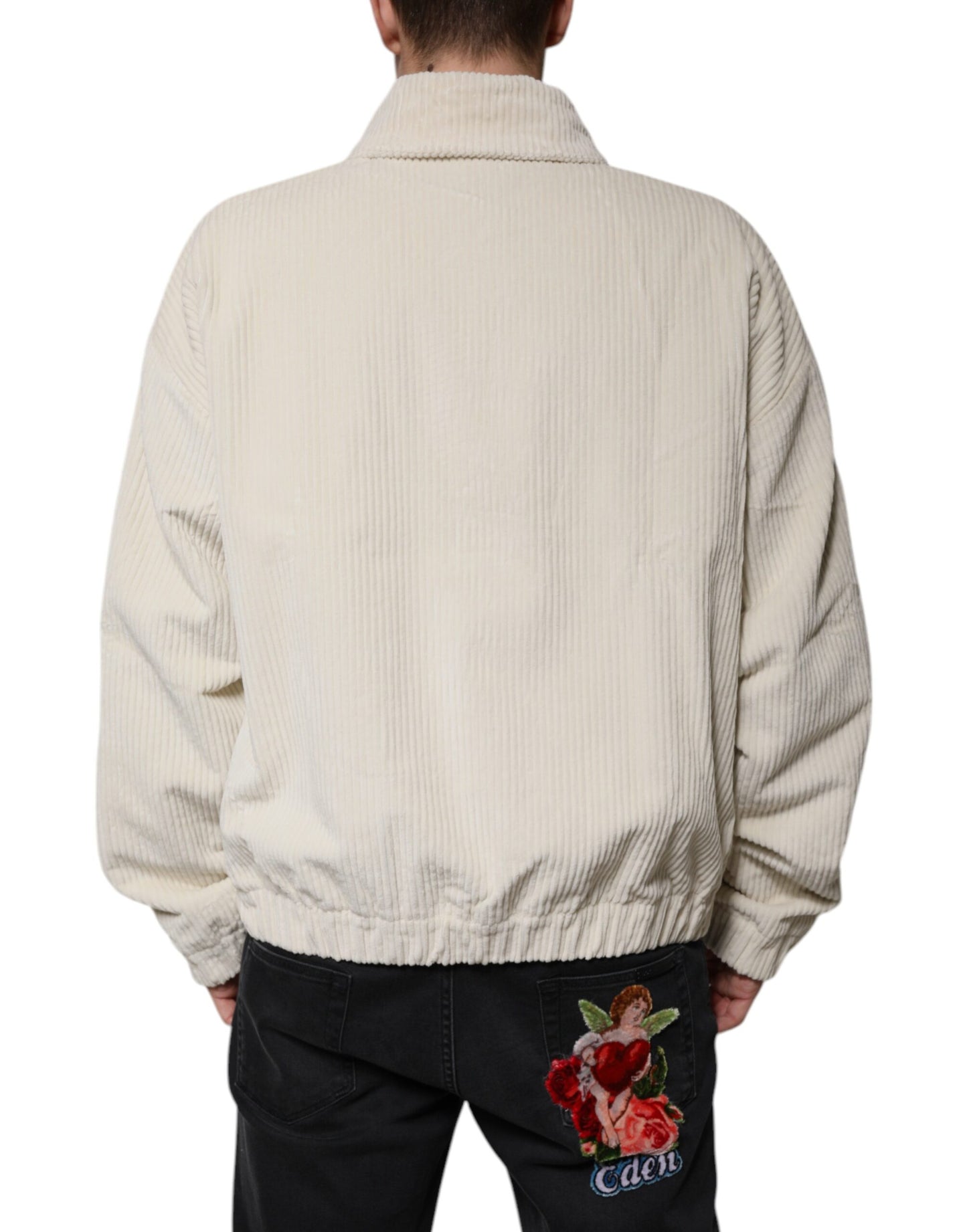 Chaqueta de pana de algodón con cremallera completa y aplique de logotipo beige