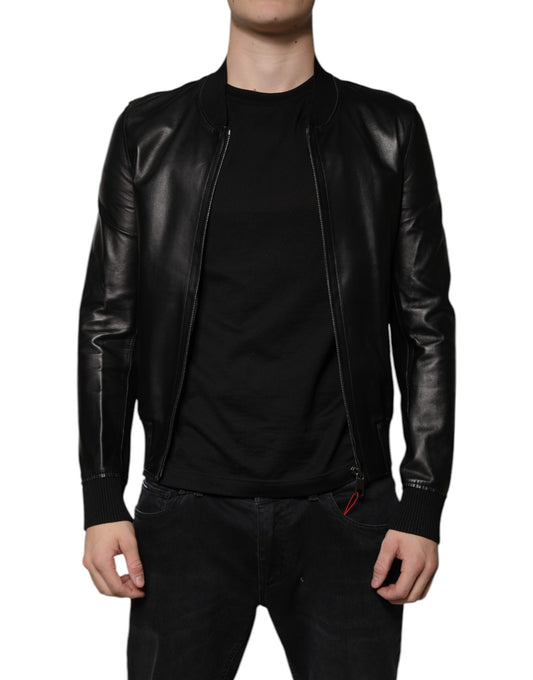 Chaqueta motera de piel de cordero negra con cremallera completa
