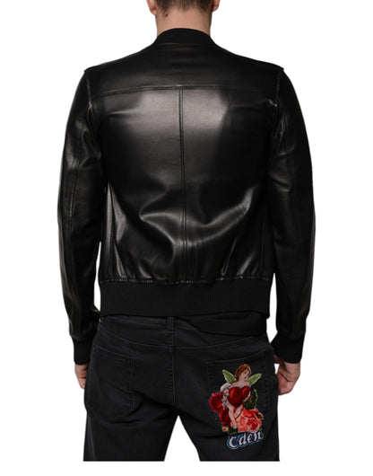 Chaqueta motera de piel de cordero negra con cremallera completa