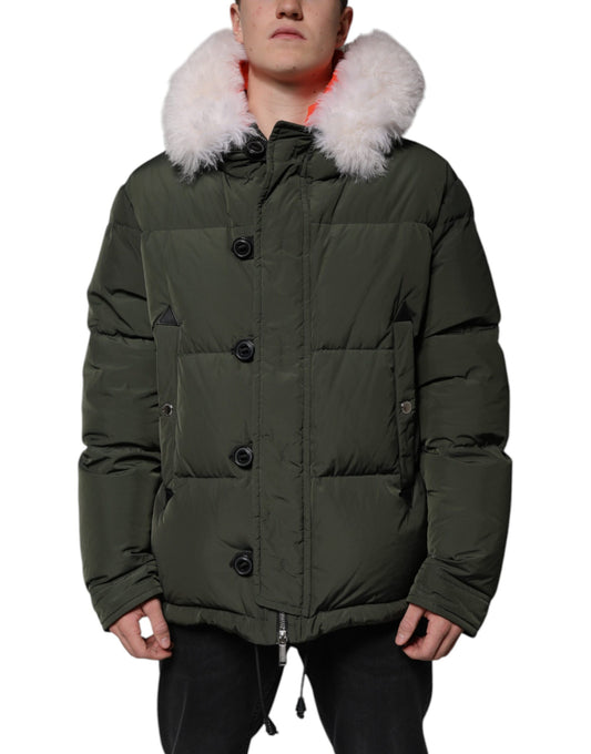 Chaqueta de piel de oveja con mangas largas y capucha verde
