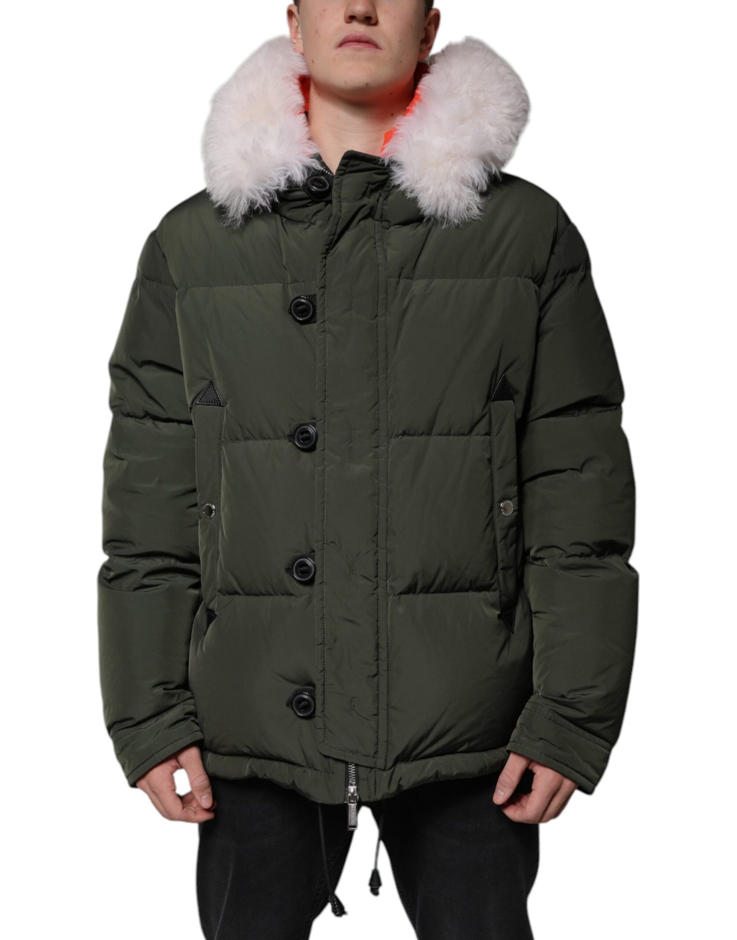 Chaqueta de piel de oveja con mangas largas y capucha verde