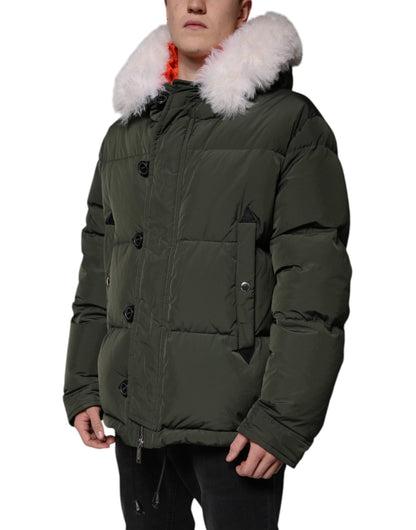 Chaqueta de piel de oveja con mangas largas y capucha verde