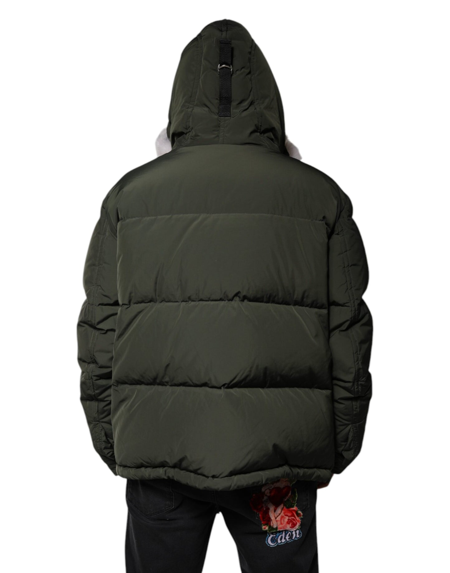 Chaqueta de piel de oveja con mangas largas y capucha verde