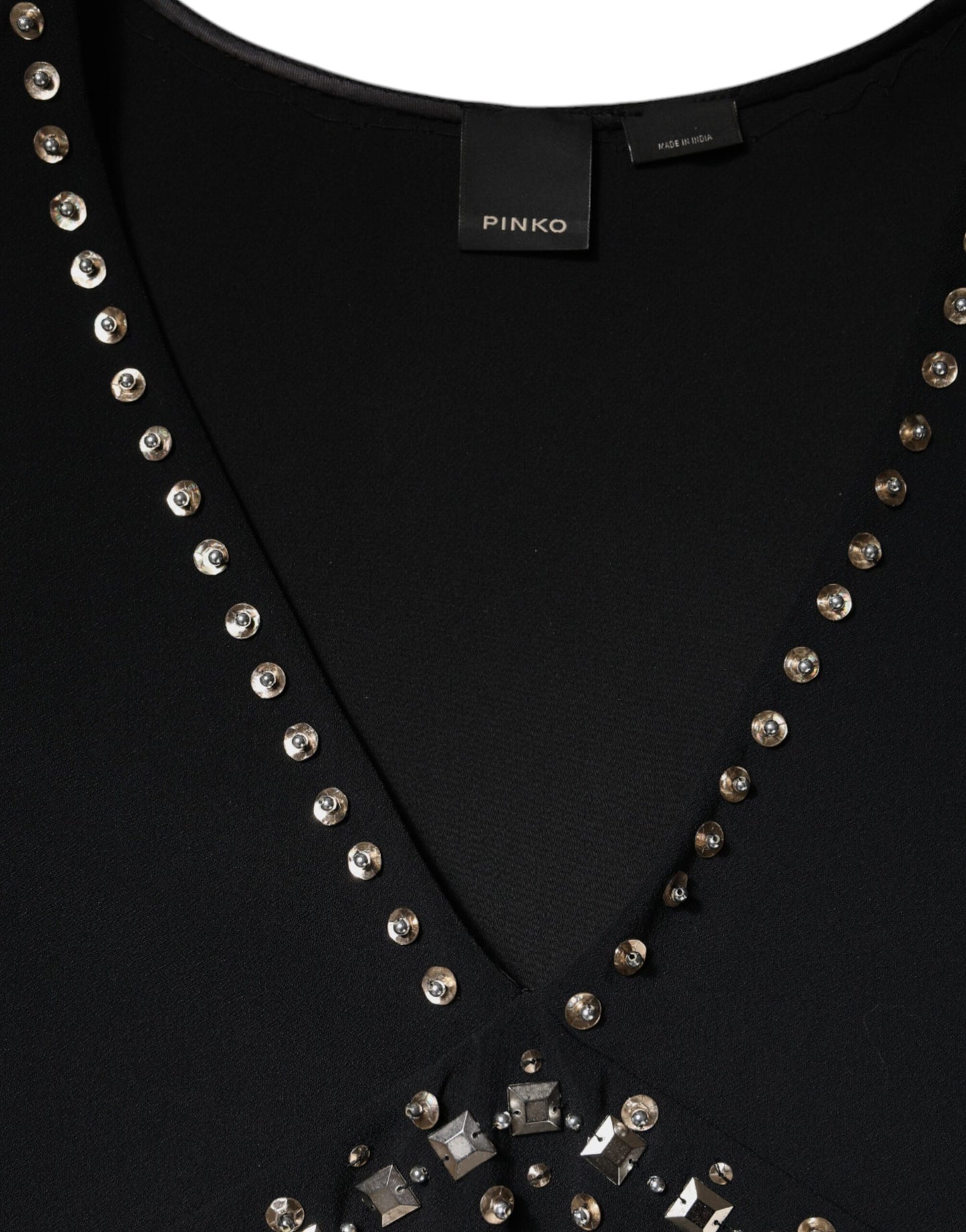 Vestido mini recto de poliéster negro con adornos, sin mangas y corte A