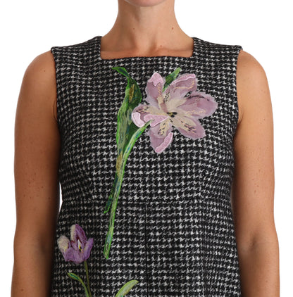 Vestido recto con apliques florales de pata de gallo
