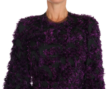 Elegante vestido con flecos en morado y negro