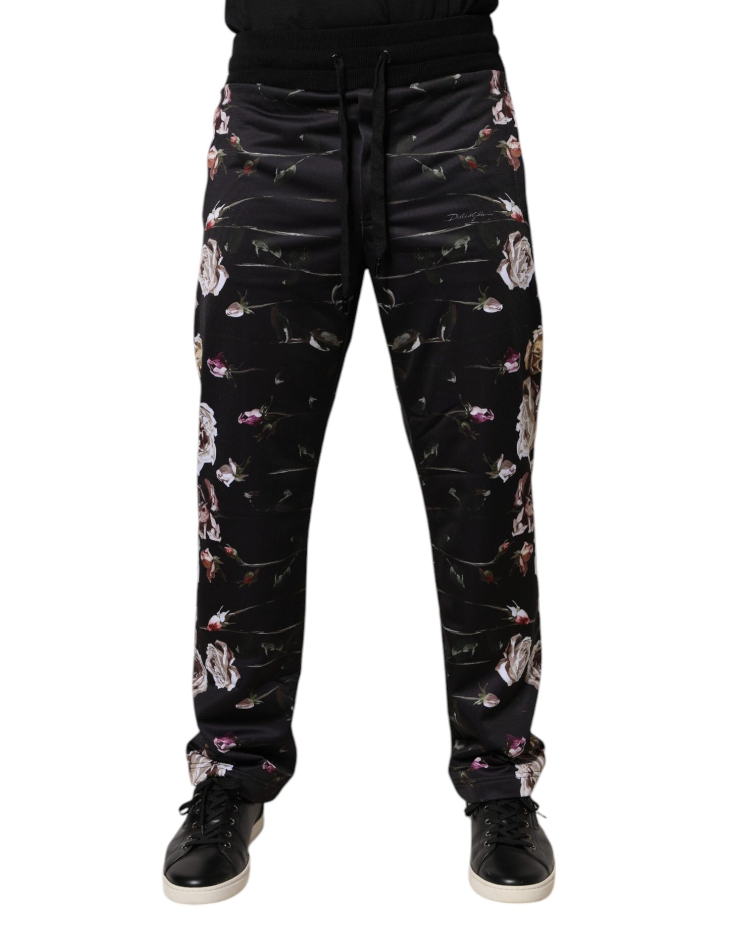 Pantalones deportivos de poliéster con estampado floral negro