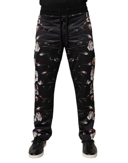 Pantalones deportivos de poliéster con estampado floral negro