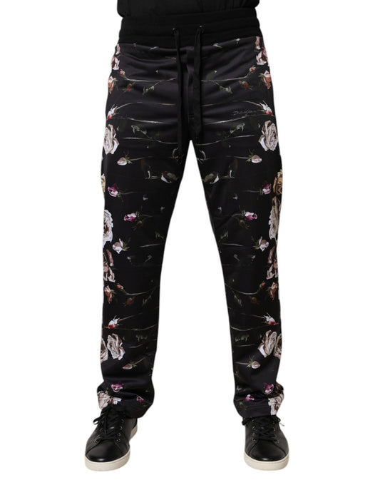 Pantalones deportivos de poliéster con estampado floral negro