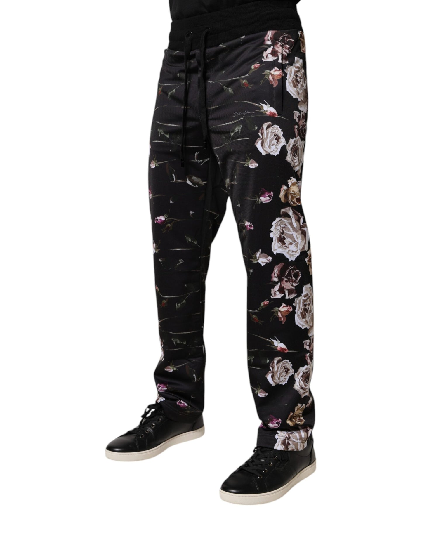 Pantalones deportivos de poliéster con estampado floral negro