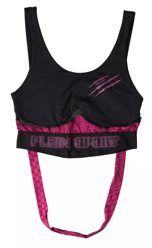 Sujetador deportivo negro elegante con detalles fucsia